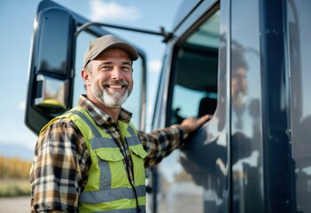 portrait of smiling trucker standing by his truck ready for driving
