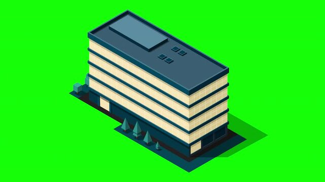 Isometric city building at night animation. Isometric modern building. Skyscraper building or business office. Motion graphic