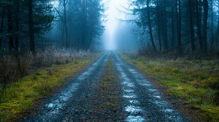 Obraz premium Mysterious Foggy Forest Path Eerie Halloween Road Dark Trees Moody Nature