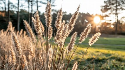 Fototapeta premium Autumnal Grass Blades Backdrop Sunset Bohemian Nature Plants