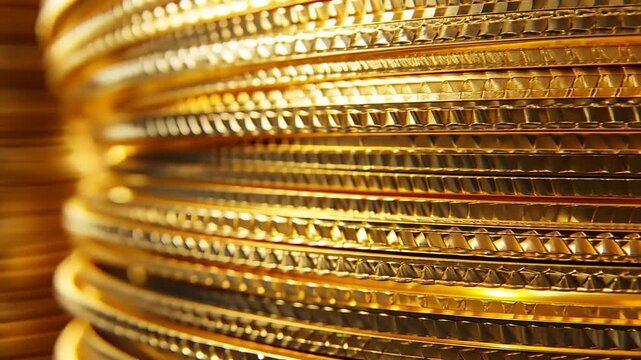 Close-up view of intricately designed golden bangles stacked together, showcasing their shiny texture and patterns
