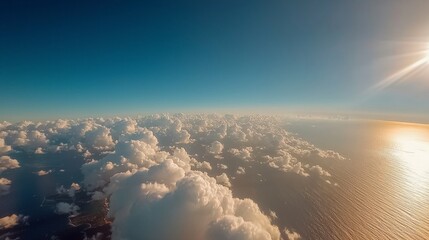 Fototapeta premium Aerial View Serene Ocean Cumulus Clouds Golden Sunset Tranquil Sky