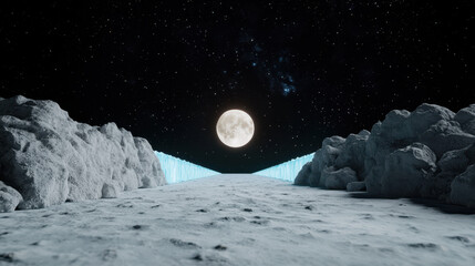 Naklejka premium Snow Moon Concept, celestial bridge of glowing ice under full moon in starry sky