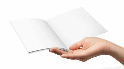 Obraz premium Hand holding a small blank white booklet open to show the pages