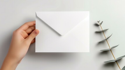 Blank White Envelope Held in a Hand with Eucalyptus Branch