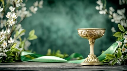 Elegant Golden Chalice on Pedestal with Green Ribbon and Blossoms