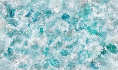 Aerial view of turbulent ocean waves crashing against the shore, creating a frothy texture