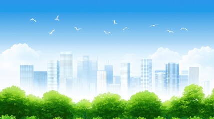 Fototapeta premium Serene city skyline with lush greenery in the foreground and clear blue sky above