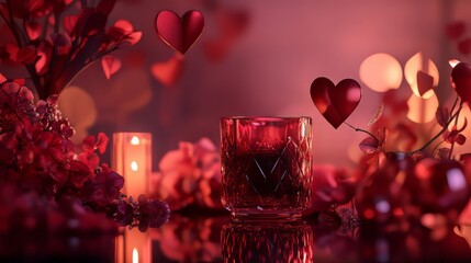 Romantic red aesthetic with floating hearts.