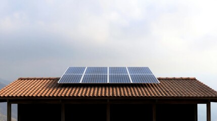 Fototapeta premium Residential Solar Panels on Brown Tile Roof Cloudy Sky