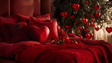 Romantic red bedding with heart decorations
