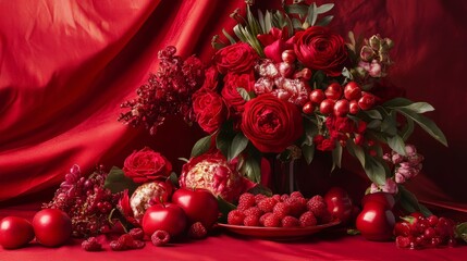 Red flowers, fruit, on a red silk background