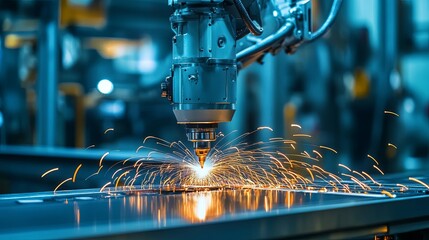 Automated welding robot performing precise tasks, showcasing advanced industrial automation.