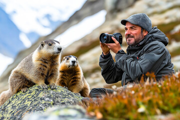 Man taking photograph of Alpine Marmots (Marmota marmota)