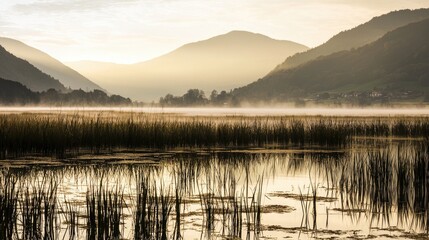 Serene sunrise over misty lake surrounded by mountains and lush vegetation reflecting tranquility