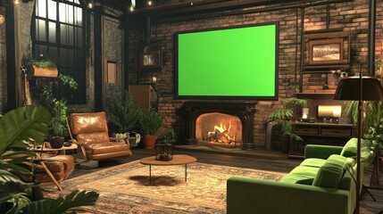 Cozy Rustic Living Room with Green Screen Fireplace and Plants