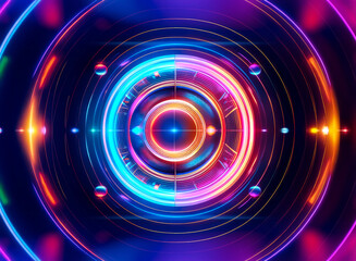 Obraz premium A vibrant abstract design featuring concentric circles with neon lights in shades of blue, pink, orange, and purple, evoking a futuristic and dynamic atmosphere.