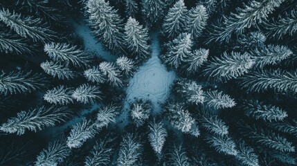 Aerial view of a snowy forest with dense evergreen trees surrounding a clearing in winter