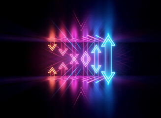 Fototapeta premium Vibrant neon arrows and geometric shapes illuminate a dark background. Symmetrical arrangement of pink, orange and blue glowing elements create an abstract, futuristic design.
