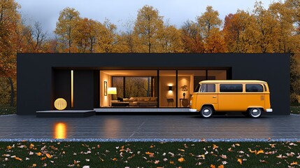 Obraz premium Modern black house with yellow van, autumn leaves.