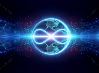 Obraz premium A glowing infinity symbol is centered on a digital globe, illuminated with blue and purple light streams, evoking a futuristic and interconnected global concept.
