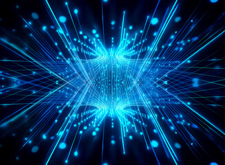 Fototapeta premium Abstract digital image featuring blue lines and dots creating a futuristic network or data flow effect on a dark backdrop.