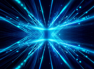 Fototapeta premium Abstract blue light streaks converge centrally on a dark backdrop, creating a futuristic and energetic visual effect. Dynamic, glowing, and fast motion implied.