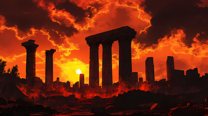 Fototapeta premium Ancient ruins stand silhouetted against a fiery sky hinting at a forgotten civilization lost in the sands of time mystery & adventure await. Pillars of Forgotten Time. Illustration