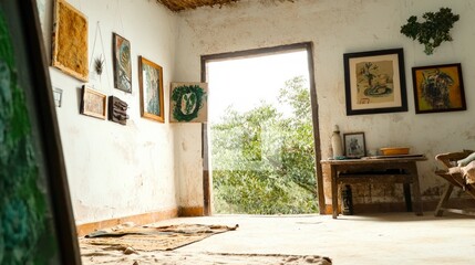 Fototapeta premium Rustic Room Art Decor Natural Light Old House Pictures Window View Greenery