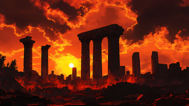 Ancient ruins stand silhouetted against a fiery sky hinting at a forgotten civilization lost in the sands of time mystery & adventure await. Pillars of Forgotten Time. Illustration