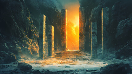 Fototapeta premium Ancient ruins with stone pillars and a stairway leading into the light. Pillars of Forgotten Time. Illustration