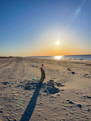 American Flag on deserted beach with sunrise in the back in Long Island, New York, USA
