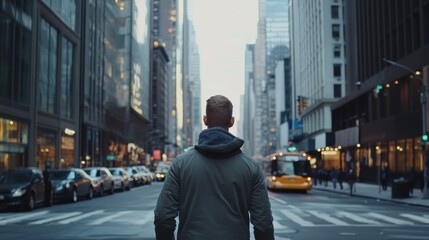 Obraz premium A man standing on a crosswalk, looking at the city street, New York