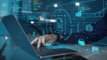 Data analyst working on laptop with glowing digital interface