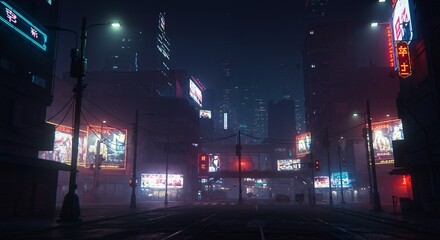 Fototapeta premium Neon-lit cyberpunk cityscape silhouettes with atmospheric glow