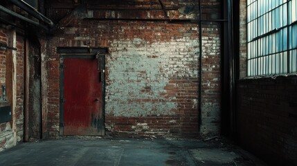 Obraz premium An industrial interior featuring a red door against a weathered brick wall.
