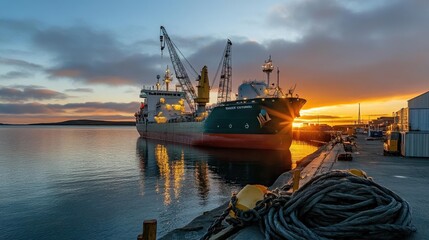 Fototapeta premium Cargo Ship Docked at Sunset with Cranes and Reflections in Calm Waters