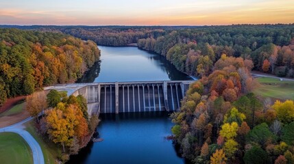 Obraz premium Scenic autumn view of a dam surrounded by vibrant forest and calm water at sunset