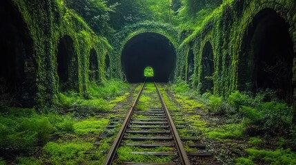 An overgrown railway tunnel surrounded by lush greenery and vines.