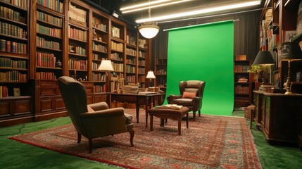 Fototapeta premium Film Set: Library with Green Screen Background