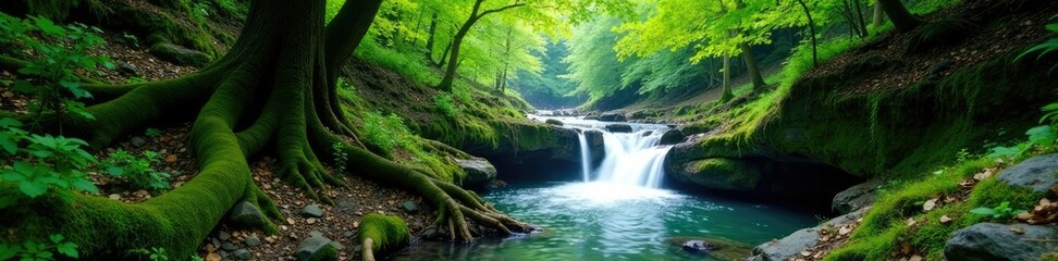 Obraz premium Ancient tree roots surround Ordesa valley waterfall deep green forest, ordesa valley, green, waterfall