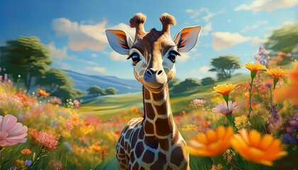 Niedliches Giraffenbaby auf einer Blumenwiese