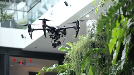 A drone capturing images amidst lush greenery in a modern indoor space with natural light