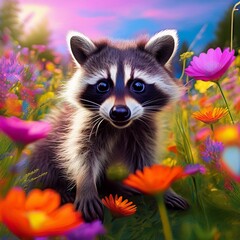 Obraz premium Niedlicher Waschbär auf einer Blumenwiese