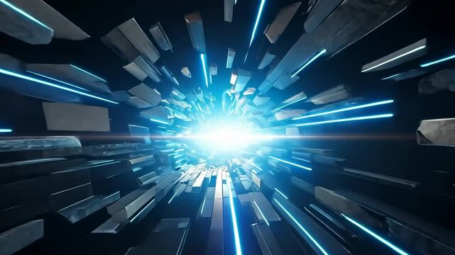 Dynamic video concept with a futuristic style, featuring a central burst of light and shards, captured from a centered camera angle.
