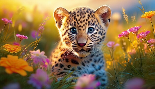 Niedliches Leopardebaby auf einer Blumenwiese