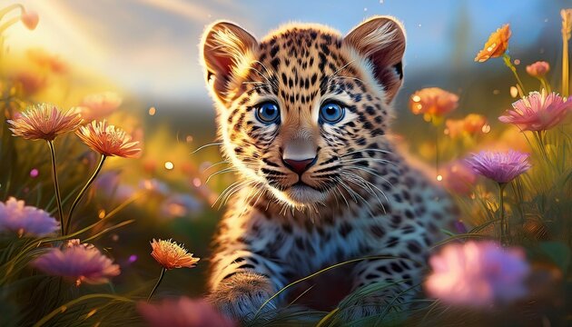 Niedliches Leopardebaby auf einer Blumenwiese