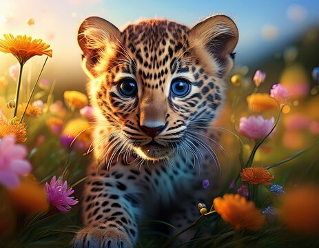 Niedliches Leopardebaby auf einer Blumenwiese