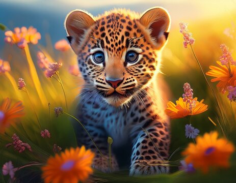 Niedliches Leopardebaby auf einer Blumenwiese