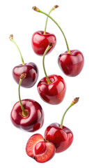 flying cherries isolated on transparent white background, clipping path